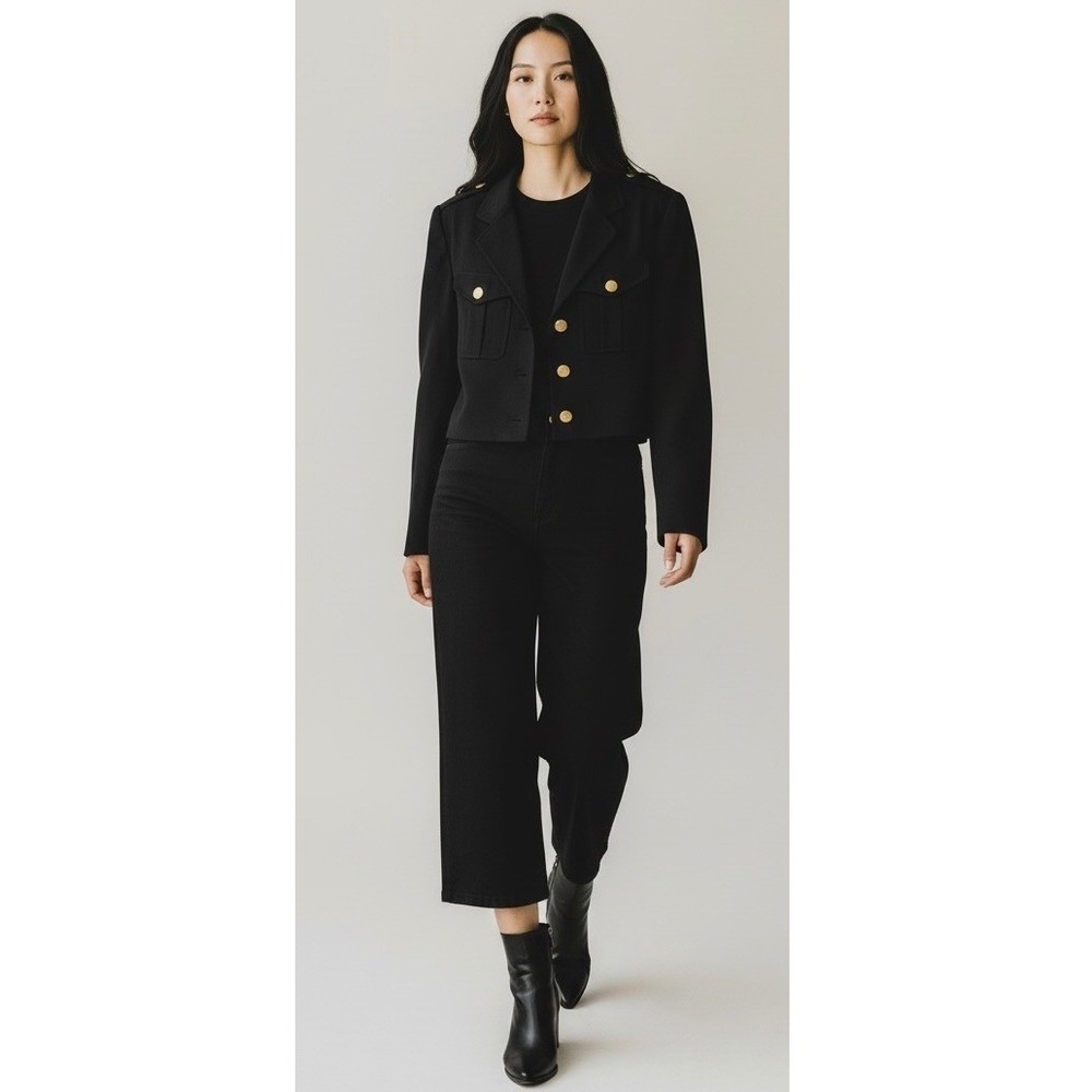 Vintage Minimalist 90s Cropped Military Jacket Women Medium Black Gold Buttons
